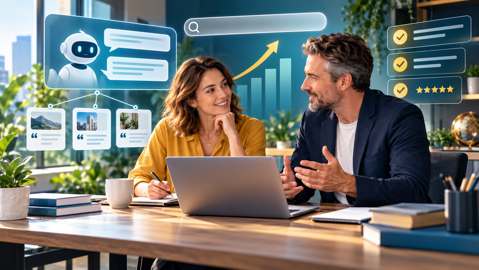 Business owner and senior AEO strategist reviewing AI search visibility and performance results together