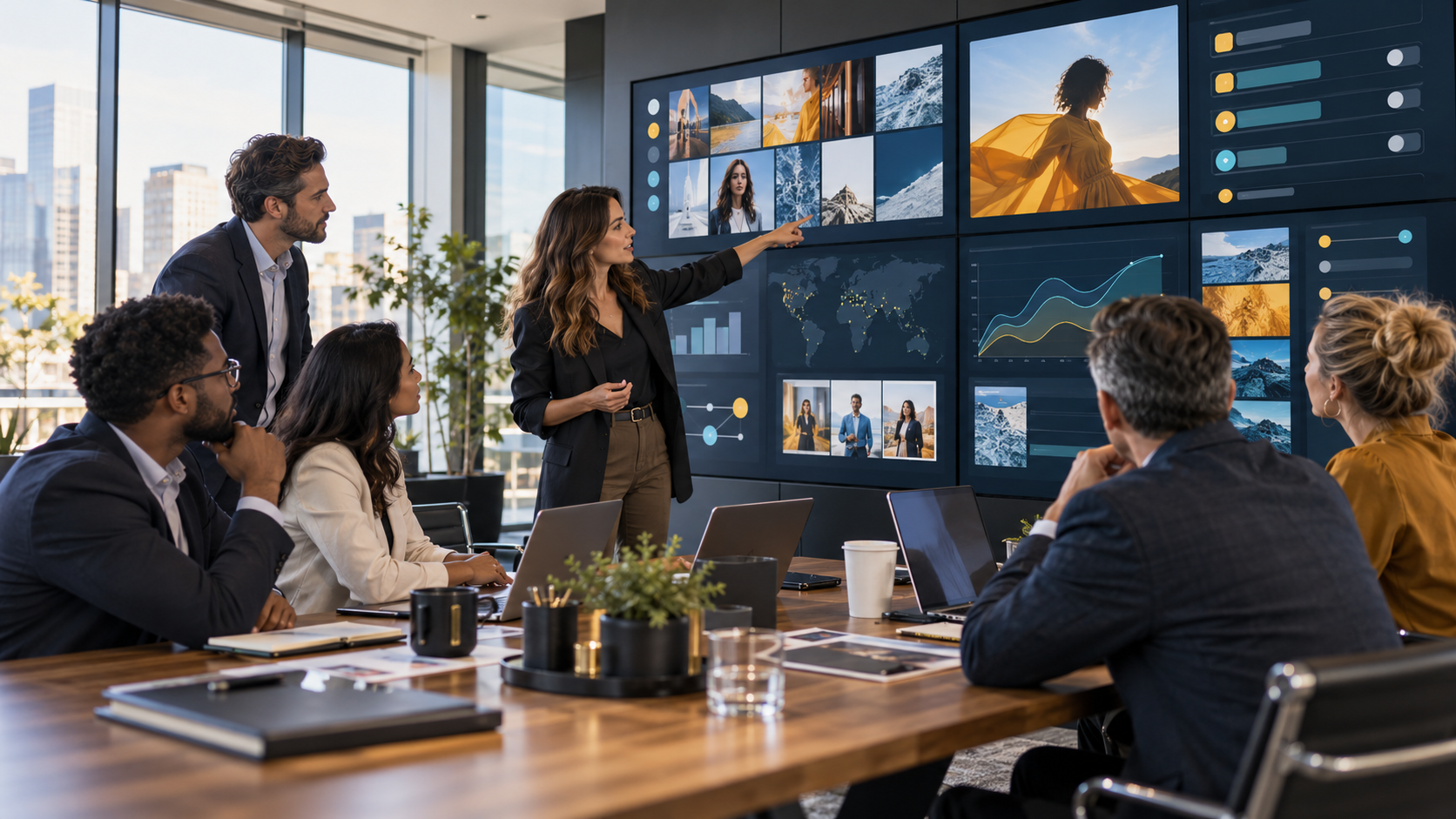 Enterprise social media marketing team reviewing a multi-market campaign dashboard