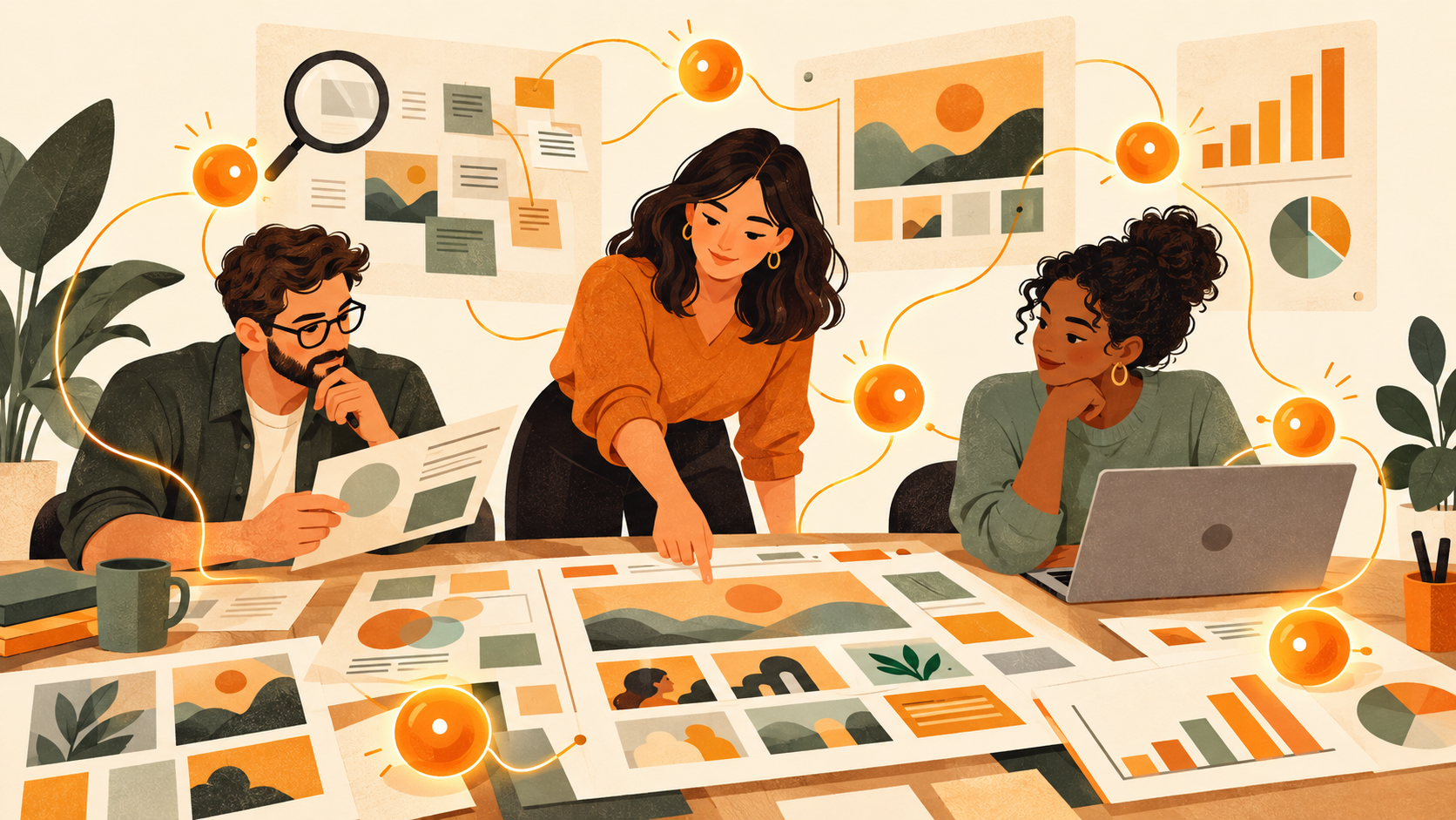 Three marketing colleagues review campaign concepts, research, and analytics, with glowing orange AI assistants linking their work.