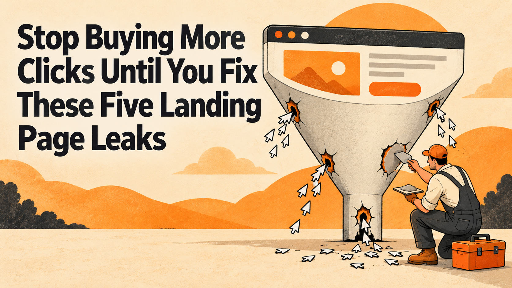 A marketer patches one of five cracks in a website-shaped funnel as cursor arrows leak out.