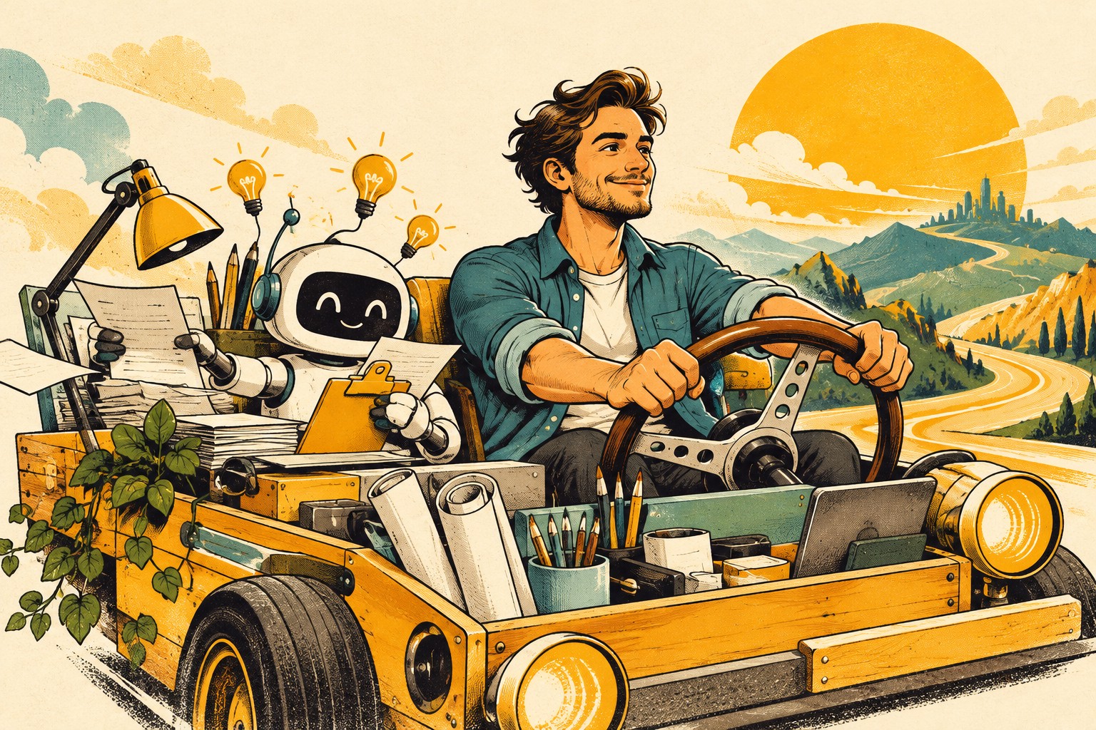 Editorial illustration of a human steering a creative workbench vehicle while a friendly robot helps with the paperwork.
